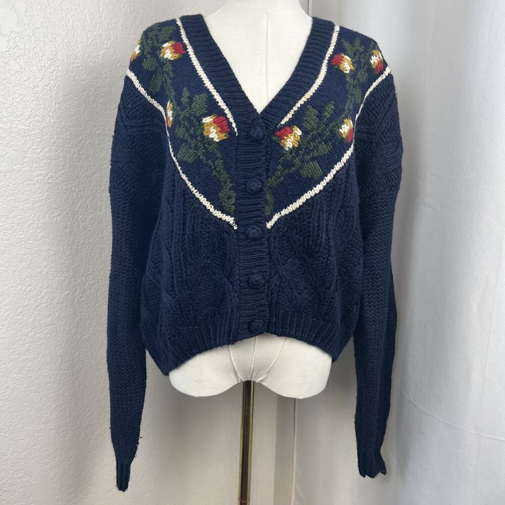 VTG Floral Cable Knit Sweater Womens Medium Blue Cardigan Hand Knit‎ Cottagecore